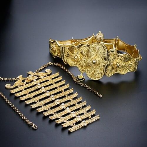 Sunspicems Gold Color Caucasus Bijoux Women Belt Breastplate Necklace Bride Wedding Jewelry Sets Turks Robe Belt Bijoux 2021