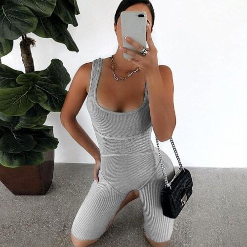 Streetwear Gray Black Sexy Bodycon Jumpsuit Women Overalls 2020 Sexy Strappy Skinny Rompers Female Jumpsuit Summer Shorts Pants