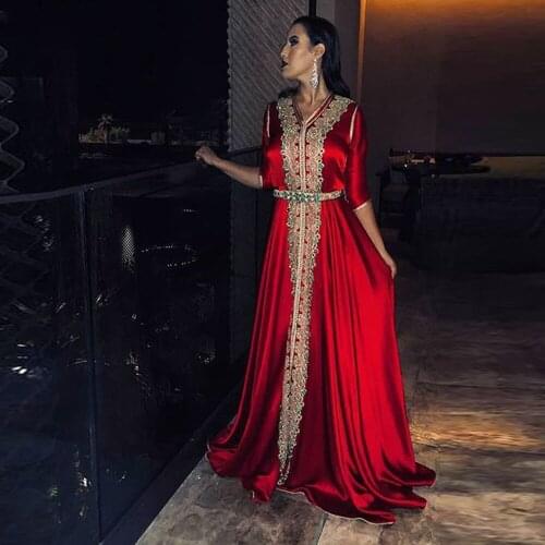 Evening Dress Red Muslim Satin Moroccan Kaftan Gold Lace Half Sleeve Saudi Arabic Special Occasion Party Dress Custom Made