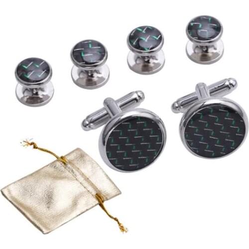 Carbon Fiber Cufflinks Collar Studs 6pcs Set Tuxedo Cuff Links Button Stud Set Green Wire Black Men Jewelry Accessory 5sets/lot