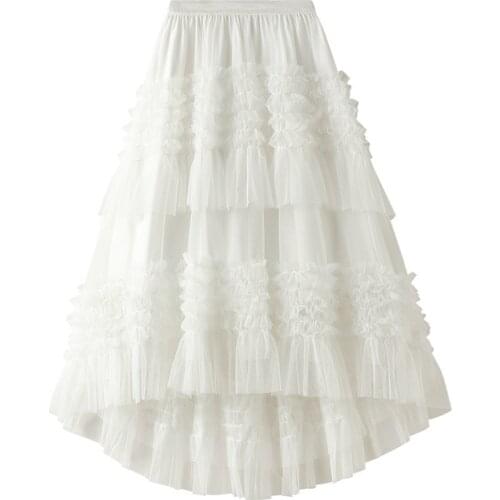 Womens Skirt Mesh Patchwork Elegant Pleated Tiered Vintage Skirt High Waist Female Asymmetrical Long Skirts Faldas 2021 Autumn