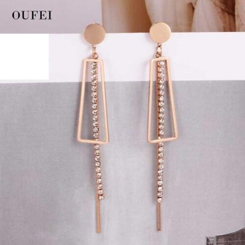 OUFEI Long Chain Bead Earrings Dangle Drop Earrings For Women Crystal Earrings Stainless Steel Rose Gold Fashion Jewelry Gift