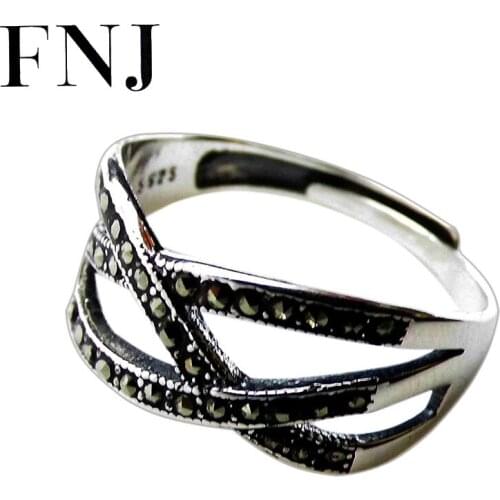 FNJ 925 Silver Ring 100% Original Pure S925 Sterling Silver Rings for Women Jewelry Adjustable Size MARCASITE