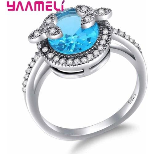 Top Quality Lovely Beautiful Ocean Blue Stone Round Crystal Ring Wedding Accessories 925 Sterling Silver For Girl