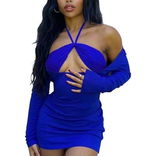 2021 New Women Solid Color Halter Dress Long Sleeve Low-cut Hollow Out High Waist Short Bodycon Dress