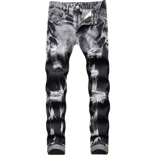 2021 Autumn Spring Mens Skateboard Streetwear HIP HOP Punk Stretch Moto Bike Jeans Ripped Skinny Pencil Straight Denim Trouers