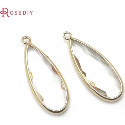 36407)6PCS 36x14MM 24K Champagne Gold Color Brass with White Glass Faceted Long Drop Shape Charms Pendants Jewelry Findings