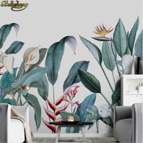 Beibehang Custom 3d wallpaper mural Nordic hand painted small fresh medieval tropical plants flowers and birds background mural