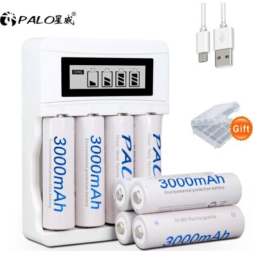 PALO AA AAA rechargeable battery 1.2V NI-MH rechargeable Batteries +LCD display battery charger for AA AAA