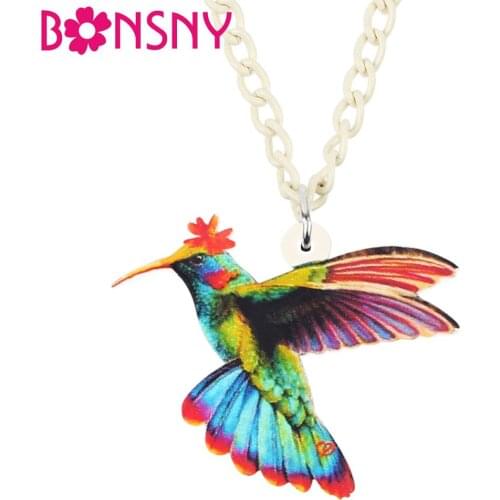 Bonsny Acrylic Colorful Flying Hummingbird Bird Necklace Pendant Chain Choker Unique Animal Jewelry For Women Girl Charm Gift