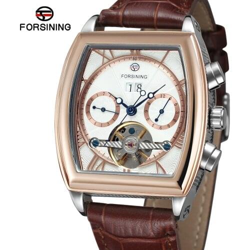 Forsining Multifunction Retro Series Rectangle Dial Genuine Belt Tourbillion Design Men Automatic Watches Top Brand Luxury Clock