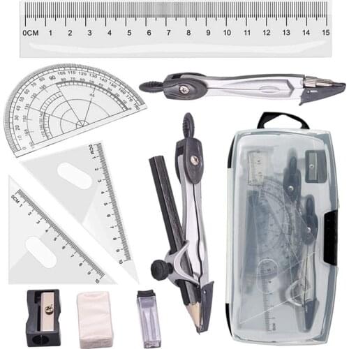 Geometry Compass Set 10Pcs School Maths Protractor Set Rulers for Student Maths and Engineering in Carry Case