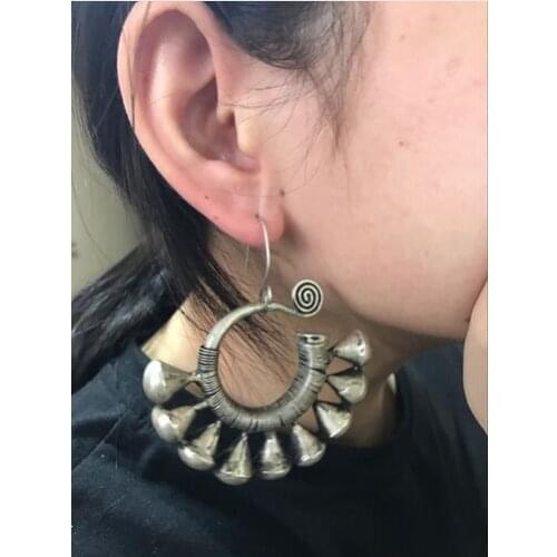 Hot selling new-Wholesale-hot >> Tibetan Charm Tribal Jewelry Miao Silver Large Hollow Earrings Pair