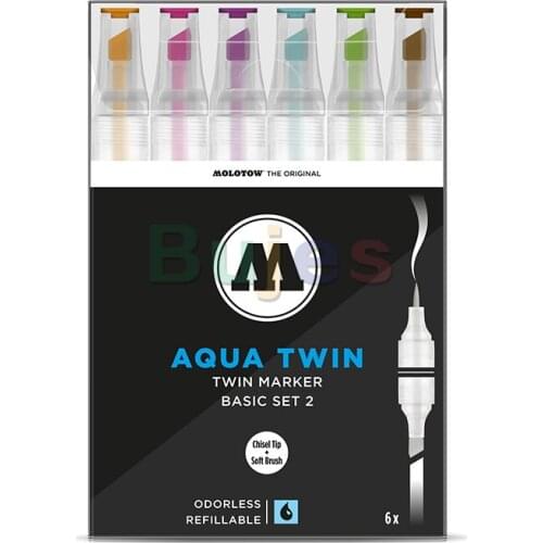 Molotow Aqua Twin Marker Set, Brush and Chisel Nib, Water-based and Quick-drying, for Graphic Design, Watercolor and Graffiti