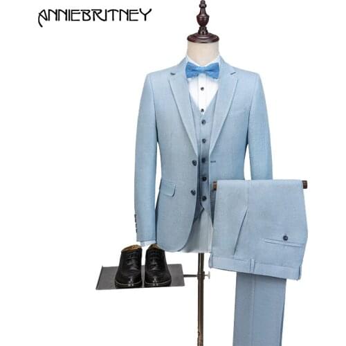 2018 New Brand Light Blue Linen Men Suit Tuxedo Slim Fit 3 Piece Jacket Groom Blazer Prom Casual Wedding Suits Terno Masculino