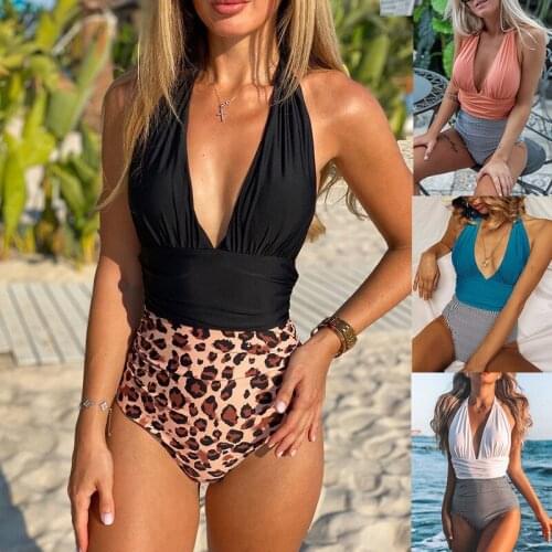 2021 New Leopard Splicing Women Swimwear Backless Monokini Fashion V Neck Halter Bodysuit Swimsuit Female Brazilian Biquini