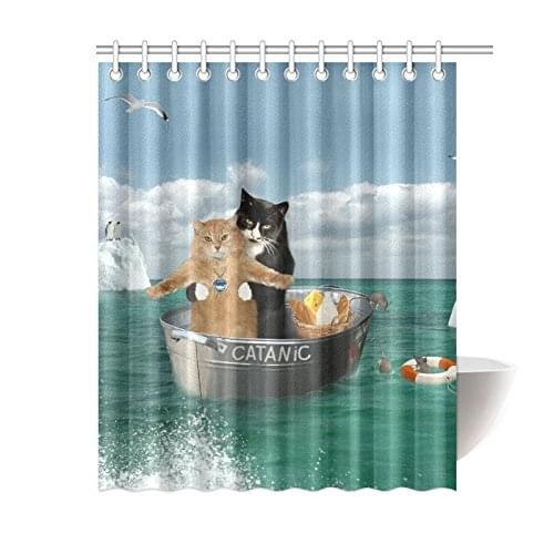 Underwater Sailing Ship Funny Animal Cat Home Decor Cute Kitten Polyester Fabric Shower Curtain Mat Bathroom Sets with Hooks