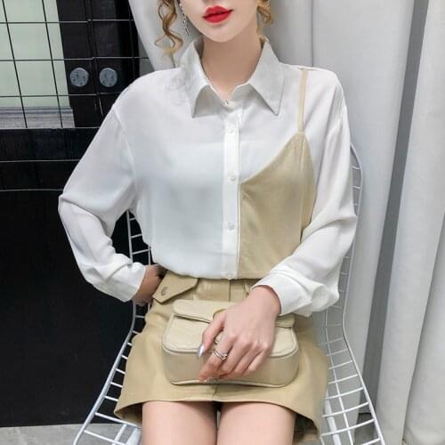Shirt Long Sleeve Blouses 2021 Spring Girl New Fake Two Korean Polo Collar Drape Stitching Bottomed Shirt Y2k Harajuku Goth Tops