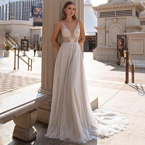 Eightree Glitter Sexy Wedding Dress Sexy Sleeveless Sequines Bride Dresses V-neck A Line Wedding Evening Party Gowns Custom Size