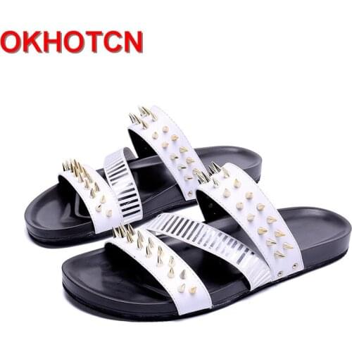Summer Slippers Men Big Size Genuine Leather Slippers Outside Rivets Straps Casual Beach Shoes New Black White Nice Flip Flops