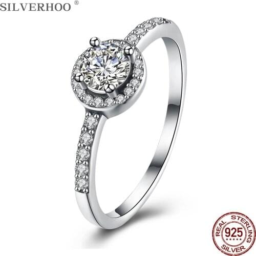 SILVERHOO Rings For Women 925 Sterling Silver Round Shining 5A Cubic Zirconia Engagement Ring Female Fine Jewelry New Arrival