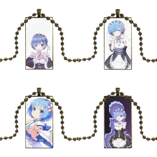 Glass Cabochon Pendant Necklace Rectangle Fashion Necklace For Christmas Gift Japan Anime Lovely Girl Rem Re Zero Slim