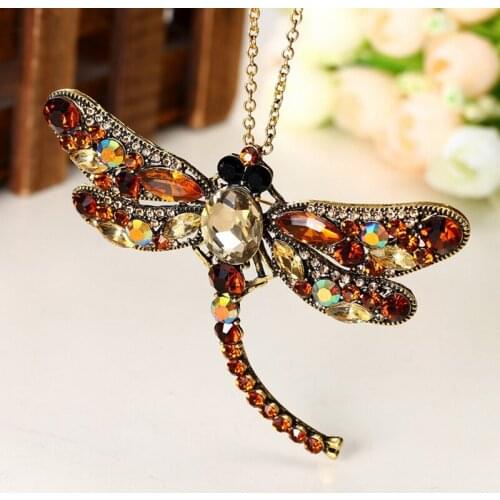 Women New Gold Crystal Rhinestone Dragonfly Brooches Lapel Pins with Neck decoration double Use Lady Party Jewelry 2020
