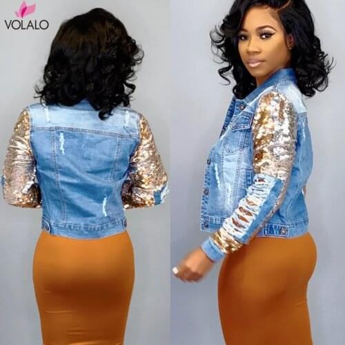 Gold Sequined Casual Denim Jacket Women Turn Down Collar Long Sleeve Washes Coat Autumn Winter Button Up Hole Short Outwear