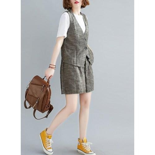 Striped Vest Suit Womens Summer New Literary Temperament Thin Loose Wide-leg Shorts T Shirts Fashion 3-piece Set Clothing Women