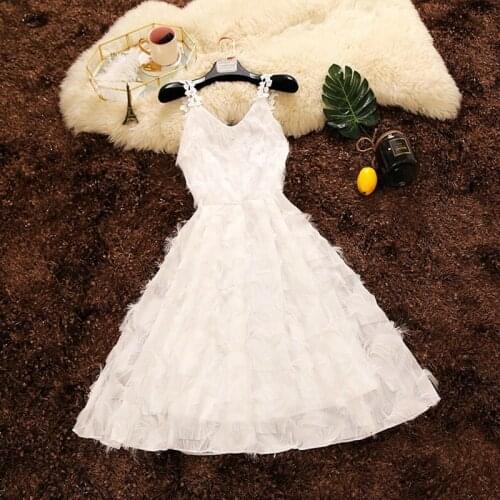 2020 summer new female V-neck feather tassels empire chiffon ball gown dresses womens spaghetti strap sweet puff dress