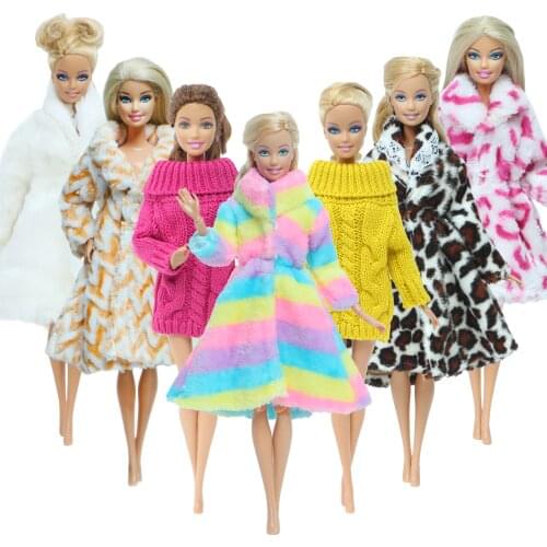1 Set Winter Knitted Sweater Fur Coat Robe Dress Long Sleeve Multicolor Clothes for Barbie Doll Toy Accessories Baby Kids Toys