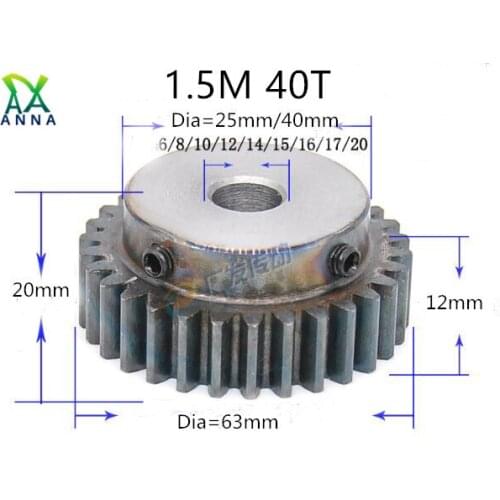 1.5M 40T 1.5 mod gear rack 40teeth Tooth quenching Spur Gear pinion bore 6-20mm spur gear precision 45 steel cnc pinion