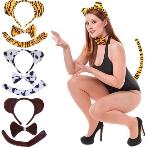 100% Brand Kids Animal Tiger Tail Bunny Ear Headband Bow Tie 3Pcs Party Fancy Dress Xmas Masquerade
