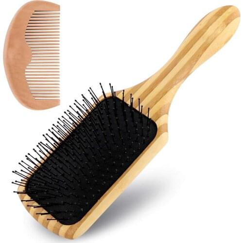 DREWTI Two-color Bamboo Hair Brush Scalp Massage Air Cushion Hair Comb + Flat Wood Comb 2PCs Salon Styling Tool Barber Recommend