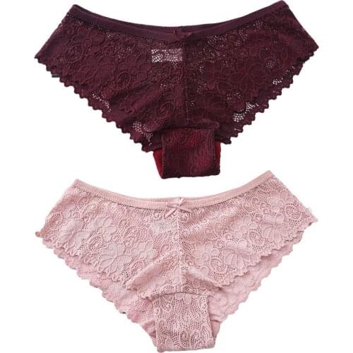 2Pcs Women Sexy Lace Solid Color Low Waist See Through Cotton Briefs Underwear Lace See Through Comfortable to Wear