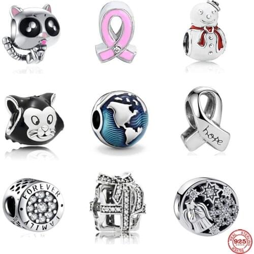 2021 New European Lovely Cat Family Forever Pink Ribbon Bead Fit Original Pandora Charms Silver 925 Bracelets Women DIY Jewelry