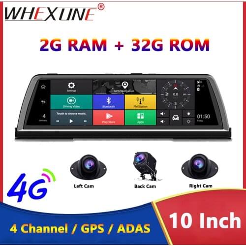 WHEXUNE Car Dash Camera DVR 10" Android GPS Navigation ADAS WIFI 1080P Video Recorder 4G Bluetooth Rear View Cam 4 Channel 2GB