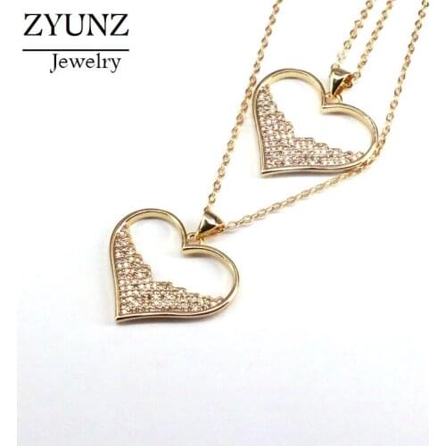 6PCS, High Quality Romantic Heart Pandant Necklace Copper Zirconia CZ Stone Necklace with Golden Chain Jewelry For Women Couples