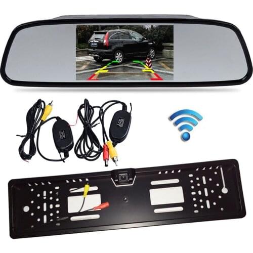 4.3" Car Vehicle LCD Mirror Monitor Rear View Kit + Wireless EU Car License Plate Frame Reversing Backup Parking 4 LED Camera