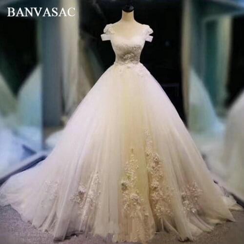BANVASAC 2018 Lace Appliques Flowers Bridal Gowns Real Photos Pleat Beadings Ball Gown Plus Size Sweep Train Wedding Dresses