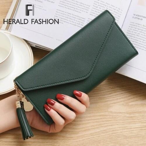 Herald Fashion Women Long Wallet with Tassel Quality Leather Cluths Multi-function Ladies' Card Holder Female Coin Purse Wallet