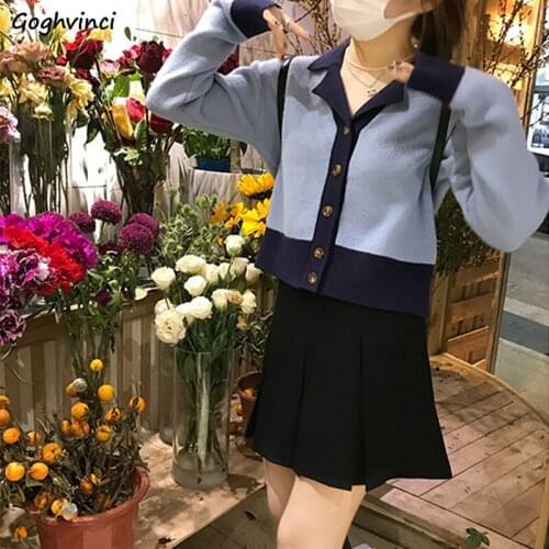 Cardigan Women Simple Patchwork Preppy Design Turn Down Collar Full Sleeves Trendy Gentle Crops Ulzzang All Match Autumn Chic