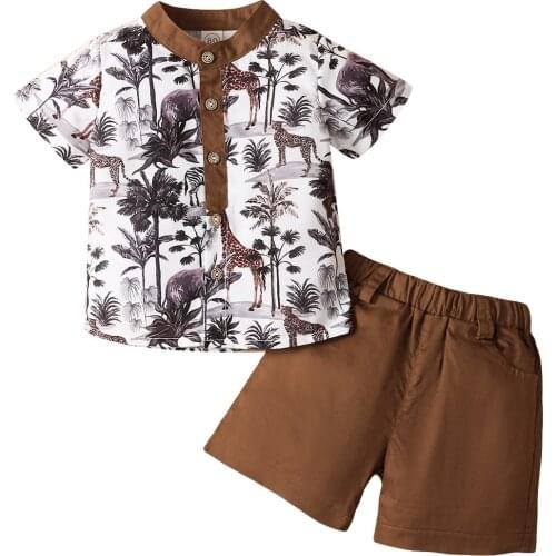 Citgeett Summer Kids Boys Clothes Set Cartoon Animal Plants Short Sleeve Shirt and Solid Color Short Pants Gentleman Set