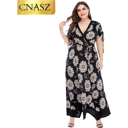 Summer New Fashion Printing Large Size V-Neck Irregular Hem Dress Long Skirt Big Swing Dress Bohemian Ladies Plus Size Dress