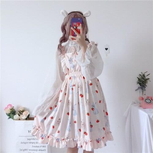 Summer JSK sweet Strawberry and rabbit Pink Lolita dess pink ruffled bubble kawaii Dress Sleeveless princess tea party dress