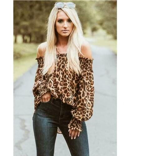Hot Sexy Women Slash Neck Blouse Fashion Leopard Print Long Lantern Sleeve Ladies Autumn Blouse Tops