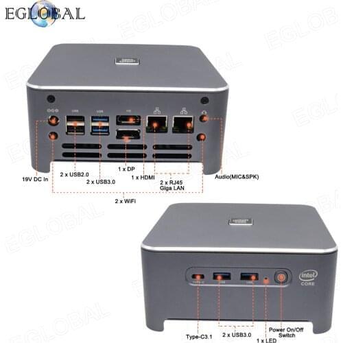 2021 Eglobal Fan Mini PC Intel Core I9 10980HK 32GB DDR4 512GB NVME 2 Lans Windows 10 2*DDR4 2*NVMe Gamer ComputerType-C 3x4K