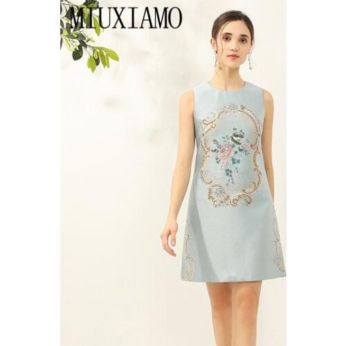 MIUXIMAO Luxurious 2020 Spring & Summer dress Party dress Flower Diamonds Blue Slim Tank Office Lady Dress Women Vestidos