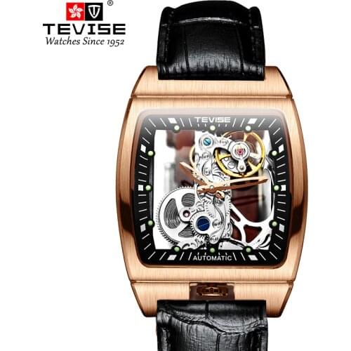 Automatic Watch Man Transparent Body Tonneau Case Men Watch Vintage Men Mechanical Wristwatches Leather Gold Male Clock Box New