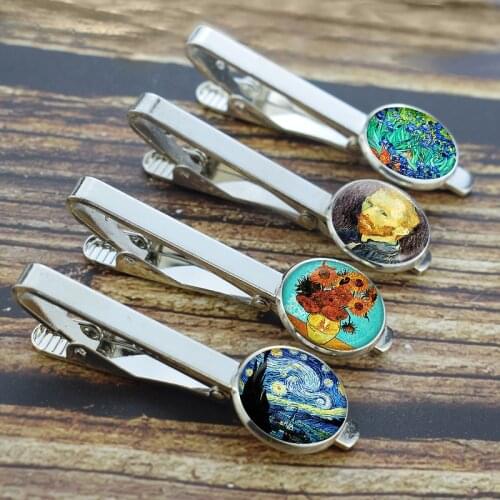 Men Fashion Van Gogh Oil Painting Tie Clips Alloy Metal Simple Necktie Tie Pins Suit Pins Button